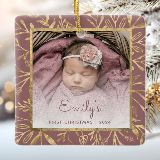 Baby's 1e Kerstfoto Goud Bladerdek Stoffig Roos Keramisch Ornament