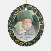 Baby's 1e Kerstfoto Goud Bladergroen Ronde Keramisch Ornament (Links)