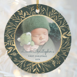 Baby's 1e Kerstfoto Goud Bladergroen Ronde Keramisch Ornament