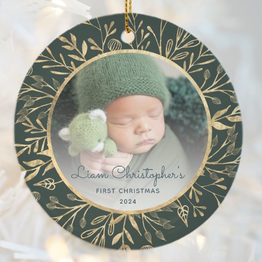 Baby's 1e Kerstfoto Goud Bladergroen Ronde Keramisch Ornament