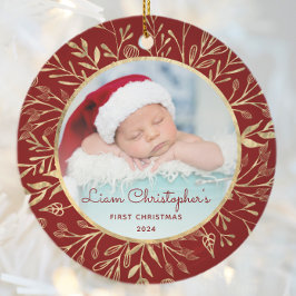 Baby's 1e Kerstfoto Goud Bladergroen Ronde Keramisch Ornament