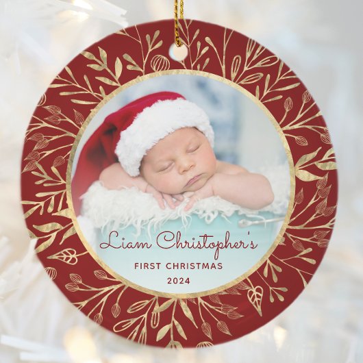Baby's 1e Kerstfoto Goud Bladergroen Ronde Keramisch Ornament
