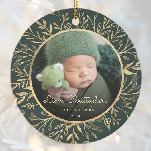 Baby's 1e Kerstfoto Goud Bladergroen Ronde Keramisch Ornament