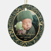 Baby's 1e Kerstfoto Goud Bladergroen Ronde Keramisch Ornament (Links)