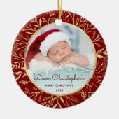 Baby's 1e Kerstfoto Goud Bladergroen Ronde Keramisch Ornament (Voorkant)