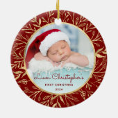 Baby's 1e Kerstfoto Goud Bladergroen Ronde Keramisch Ornament (Achterkant)