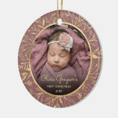 Baby's 1e Kerstfoto Gouden Foliage Roos Ronde Keramisch Ornament (Links)