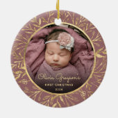 Baby's 1e Kerstfoto Gouden Foliage Roos Ronde Keramisch Ornament (Achterkant)