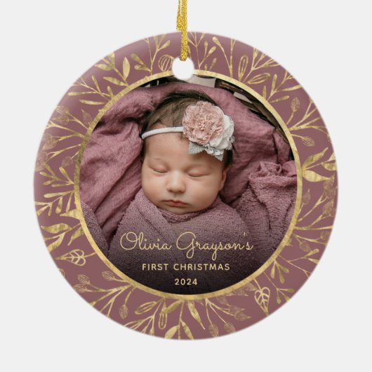 Baby's 1e Kerstfoto Gouden Foliage Roos Ronde Keramisch Ornament (Achterkant)