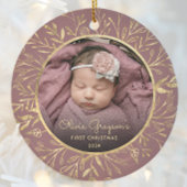 Baby's 1e Kerstfoto Gouden Foliage Roos Ronde Keramisch Ornament