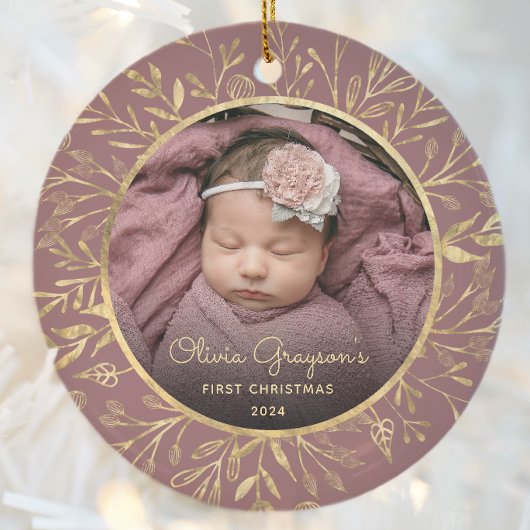 Baby's 1e Kerstfoto Gouden Foliage Roos Ronde Keramisch Ornament