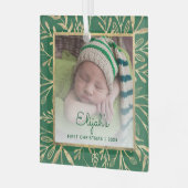 Baby's 1e Kerstfoto Groen Goud Blad Glas Ornament (Voorkant links)