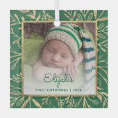 Baby's 1e Kerstfoto Groen Goud Blad Glas Ornament (Voorkant)