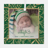 Baby's 1e Kerstfoto Groen Goud Blad Glas Ornament (Achterkant)