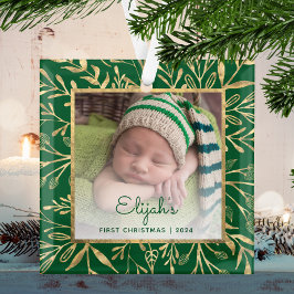 Baby's 1e Kerstfoto Groen Goud Blad Glas Ornament