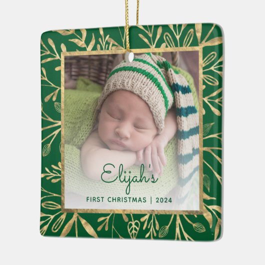 Baby's 1e Kerstfoto Groen Goud Blad Keramisch Ornament (Links)