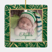 Baby's 1e Kerstfoto Groen Goud Blad Keramisch Ornament (Achterkant)
