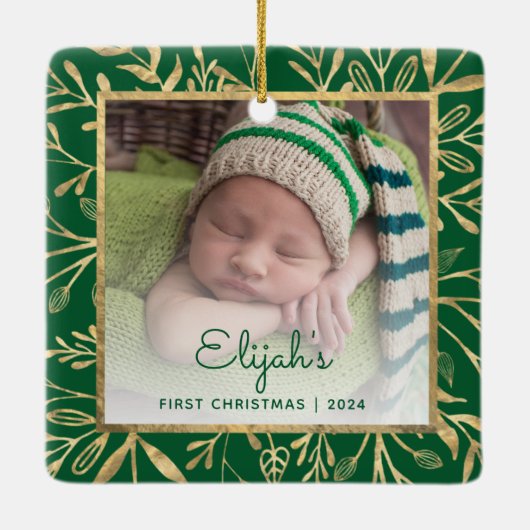Baby's 1e Kerstfoto Groen Goud Blad Keramisch Ornament (Achterkant)
