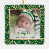 Baby's 1e Kerstfoto Groen Goud Blad Keramisch Ornament (Voorkant)