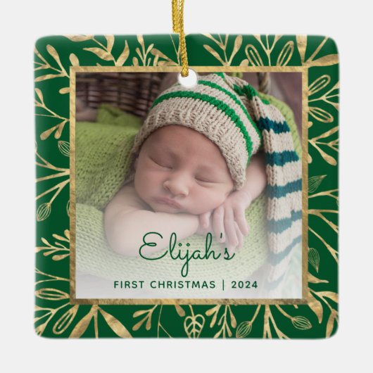 Baby's 1e Kerstfoto Groen Goud Blad Keramisch Ornament (Voorkant)