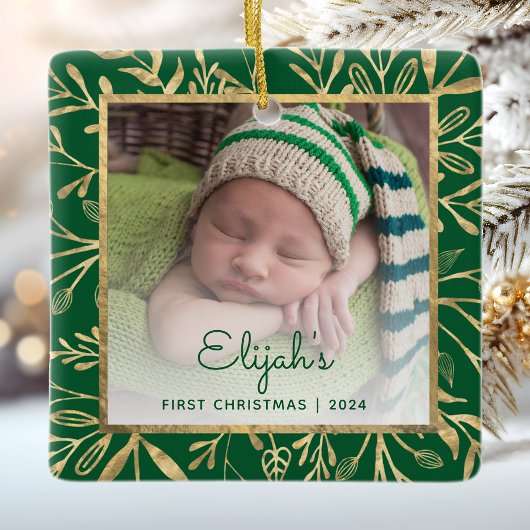 Baby's 1e Kerstfoto Groen Goud Blad Keramisch Ornament