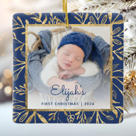 Baby's 1e Kerstfoto Marine Blauw Goud Blad Keramisch Ornament