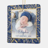 Baby's 1e Kerstfoto Marine Blauw Goud Blad Keramisch Ornament (Links)