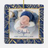 Baby's 1e Kerstfoto Marine Blauw Goud Blad Keramisch Ornament (Achterkant)