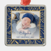 Baby's 1e Kerstfoto Marine Blauw Goud Blad Metalen Ornament (Voorkant)