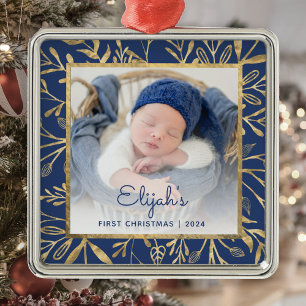 Baby's 1e Kerstfoto Marine Blauw Goud Blad Metalen Ornament