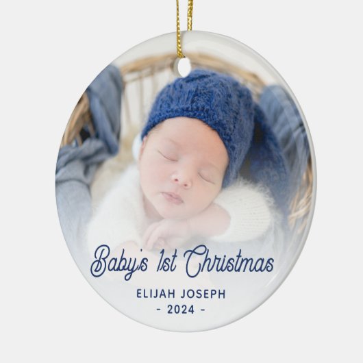 Baby's 1e Kerstfoto Navy Blue Retro Script Keramisch Ornament (Links)