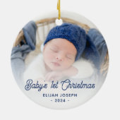 Baby's 1e Kerstfoto Navy Blue Retro Script Keramisch Ornament (Achterkant)