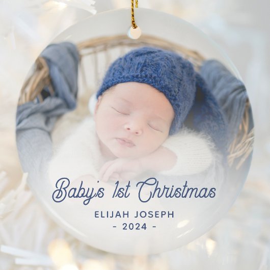 Baby's 1e Kerstfoto Navy Blue Retro Script Keramisch Ornament