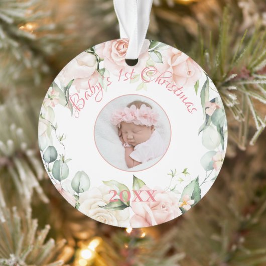 Baby's 1e Kerstfoto Roze Bloemen Ornament (Boom)