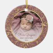Baby's 1e Kerstfoto Stoffig Roos Goud Rond Keramisch Ornament (Voorkant)