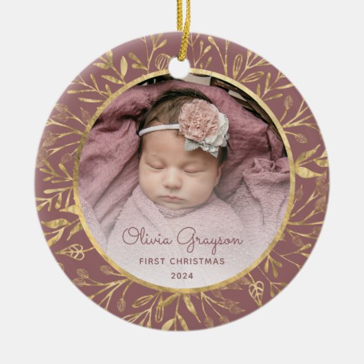 Baby's 1e Kerstfoto Stoffig Roos Goud Rond Keramisch Ornament (Voorkant)