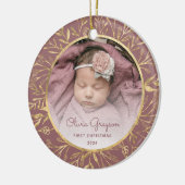 Baby's 1e Kerstfoto Stoffig Roos Goud Rond Keramisch Ornament (Links)