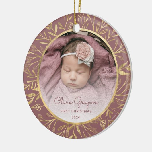Baby's 1e Kerstfoto Stoffig Roos Goud Rond Keramisch Ornament (Links)