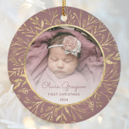 Baby's 1e Kerstfoto Stoffig Roos Goud Rond Keramisch Ornament