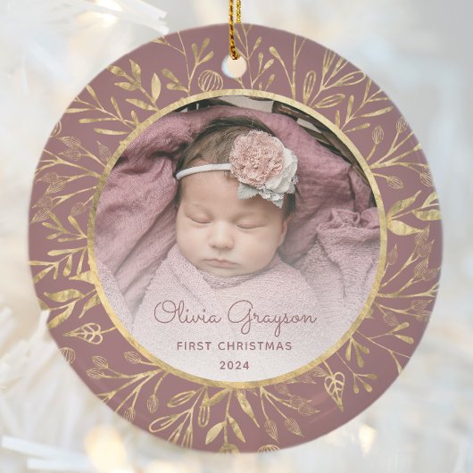 Baby's 1e Kerstfoto Stoffig Roos Goud Rond Keramisch Ornament