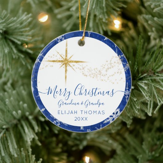 Babys 1e kerstgrootouders Blue Gold Foto Keramisch Ornament (Boom)