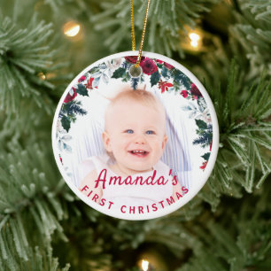 Baby's 1e Kerstman Holly Roos Wreatfoto Keramisch Ornament