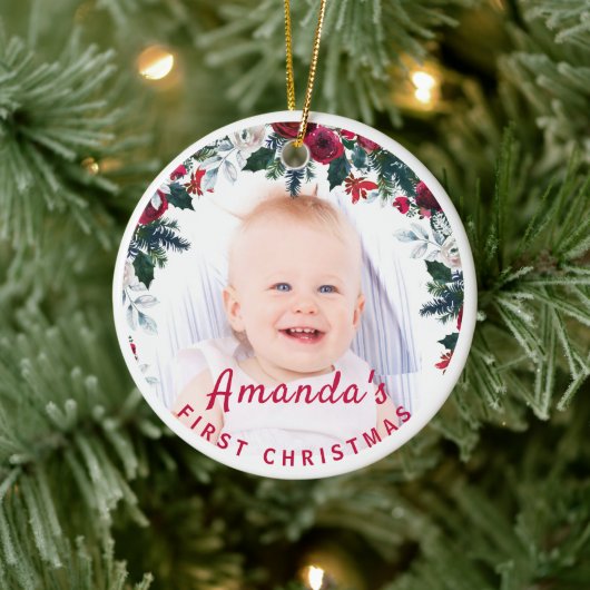 Baby's 1e Kerstman Holly Roos Wreatfoto Keramisch Ornament (Boom)