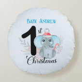 Baby's 1e Kerstmis Cute Blauwe Olifant Aandenken Rond Kussen (Voorkant)