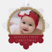 Baby's 1e Kerstmis Fotonaam Red Gold Ornament Kaart (Achterkant)