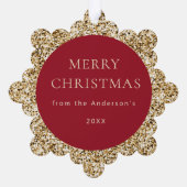 Baby's 1e Kerstmis Fotonaam Rood Goud Groet Ornament Kaart (Achterkant)