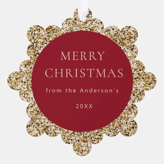 Baby's 1e Kerstmis Fotonaam Rood Goud Groet Ornament Kaart (Achterkant)