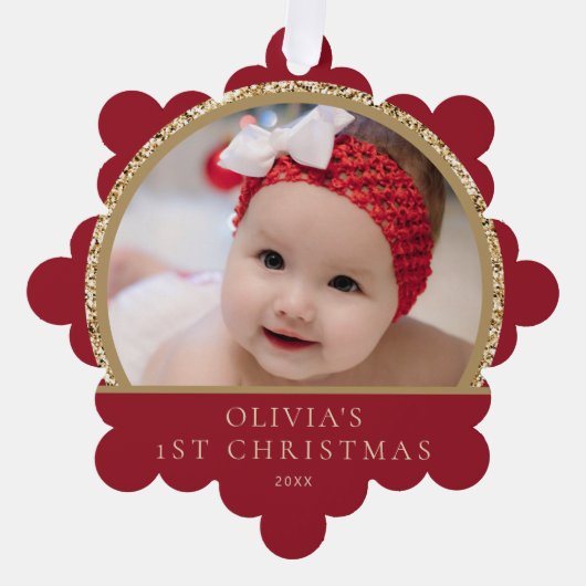 Baby's 1e Kerstmis Fotonaam Rood Goud Groet Ornament Kaart (Voorkant)