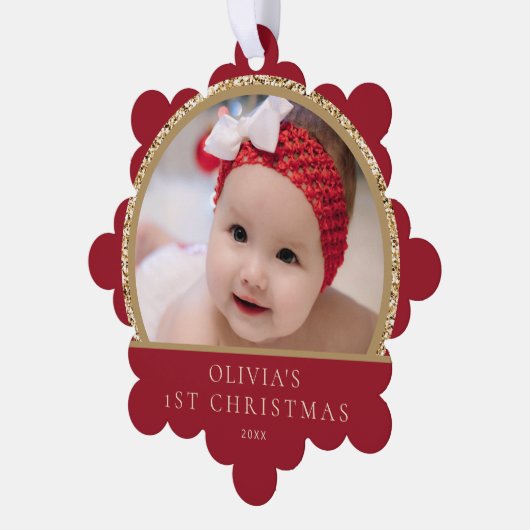 Baby's 1e Kerstmis Fotonaam Rood Goud Groet Ornament Kaart (Links)