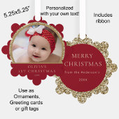 Baby's 1e Kerstmis Fotonaam Rood Goud Groet Ornament Kaart